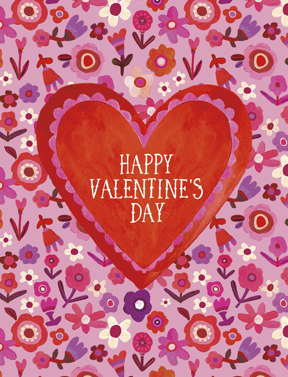 Front of a Valentine's Day greeting card with a large red heart over a background of small red, pink, and purple flowers.