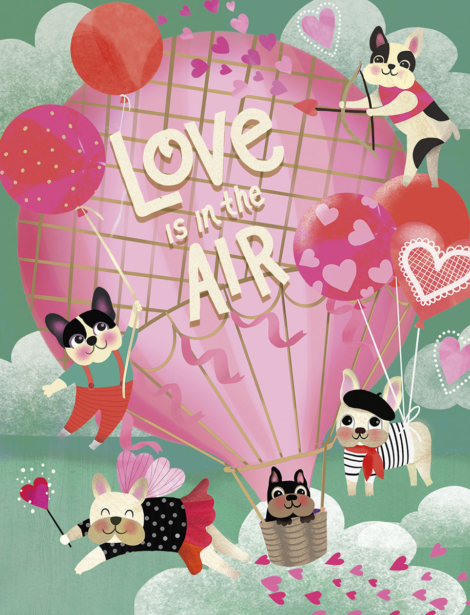 Cute French Bulldog greeting card set, front design showing five cartoon dogs flying with a pink 'Love is in the Air' hot air balloon and heart balloons, perfect for friends and loved ones.