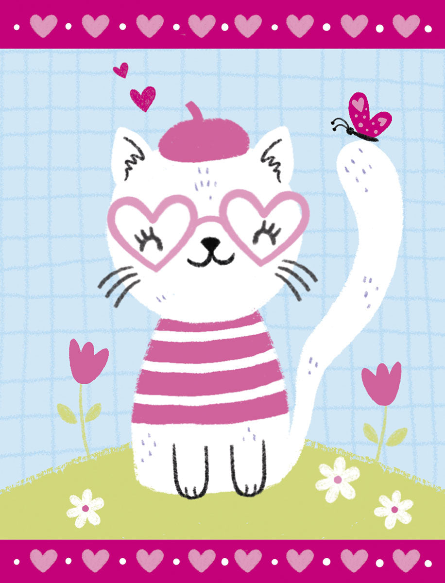 Front of a greeting card featuring a charming white cat wearing heart-shaped glasses, a pink beret, and a striped shirt.