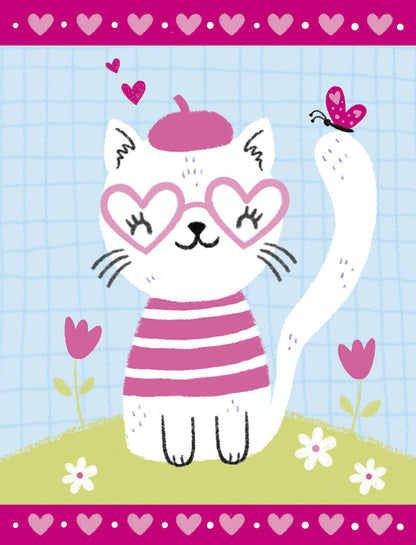 Front of a greeting card featuring a charming white cat wearing heart-shaped glasses, a pink beret, and a striped shirt.