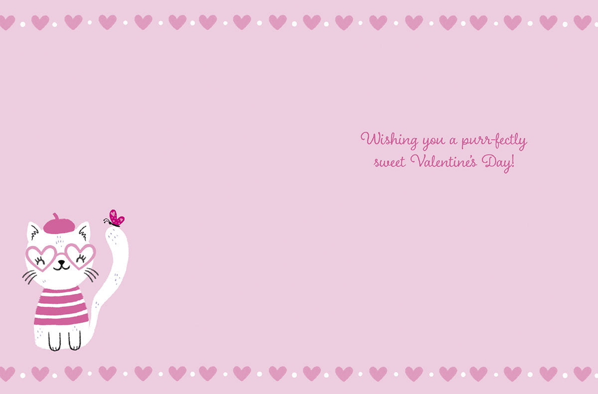 Inside of a pink greeting card with a cute cat illustration and the message: 'Wishing you a purr-fectly sweet Valentine's Day!'