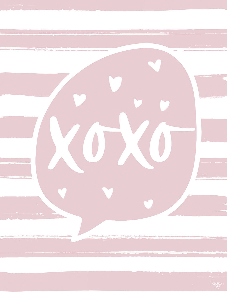Pink and white striped Valentine's Day greeting card with a speech bubble featuring 'XOXO' and small hearts.