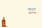 Inside of humorous greeting card showing a small 'Good Boy Bourbon' bottle illustration and the festive message 'Giddy up and bottoms up! Happy Birthday' on a light background.