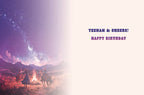 Inside of the lighthearted cowgirl birthday card, displaying "Yeehaw & Cheers! Happy Birthday" in a playful font. The left side subtly extends the starry mountain desert illustration from the card's front, offering a warm and festive greeting for her.