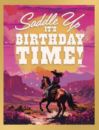 Front of a vibrant Western cowgirl celebration card showing a female rider on a horse in a desert at sunset with text 'Saddle Up It's Birthday Time!'