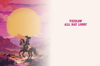 Open Western cowgirl celebration card revealing a female rider on a horse in a desert at sunset on the left, and 'Yeehaw All Day Long!' on the right with space for a message.