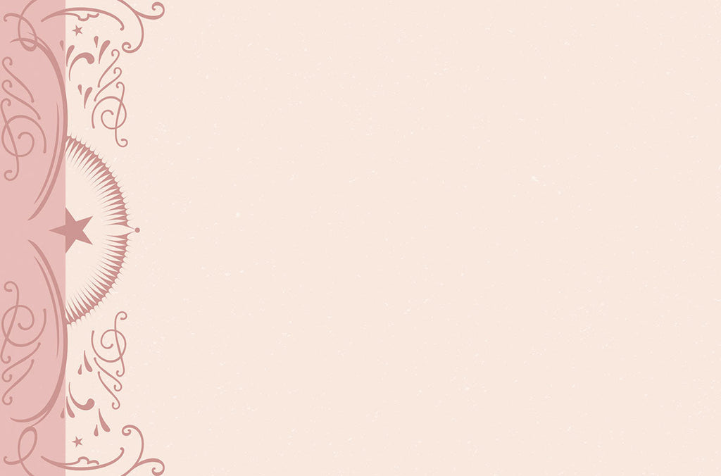 Inside of a lighthearted friendship greeting card, showcasing a pale pink textured background with elegant decorative swirls and a star motif on the left, offering ample blank space for a personalized message.