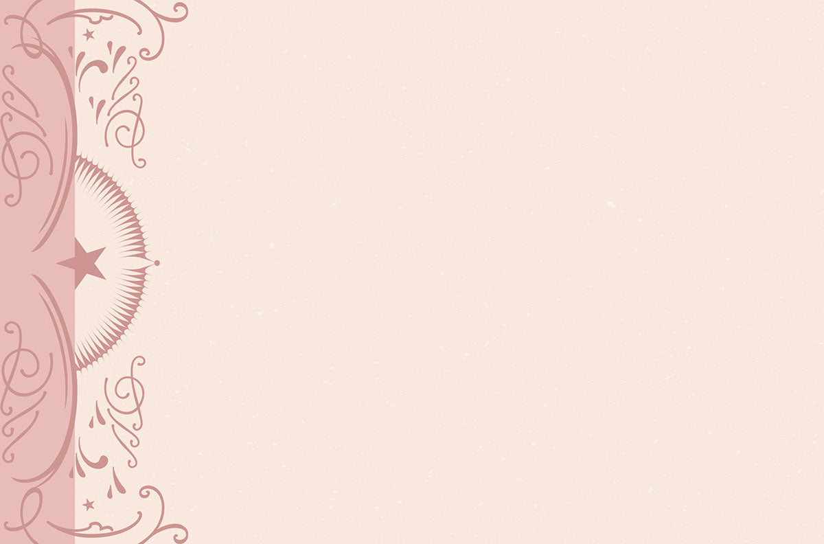 Inside of a lighthearted friendship greeting card, showcasing a pale pink textured background with elegant decorative swirls and a star motif on the left, offering ample blank space for a personalized message.