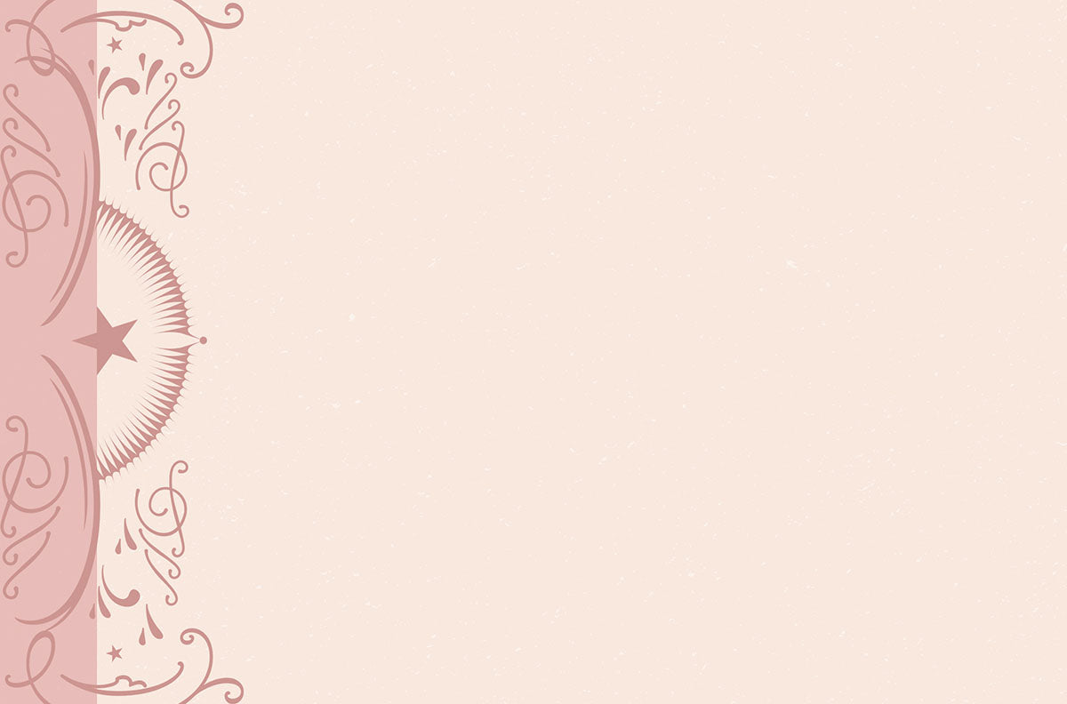 Inside of a lighthearted friendship greeting card, showcasing a pale pink textured background with elegant decorative swirls and a star motif on the left, offering ample blank space for a personalized message.