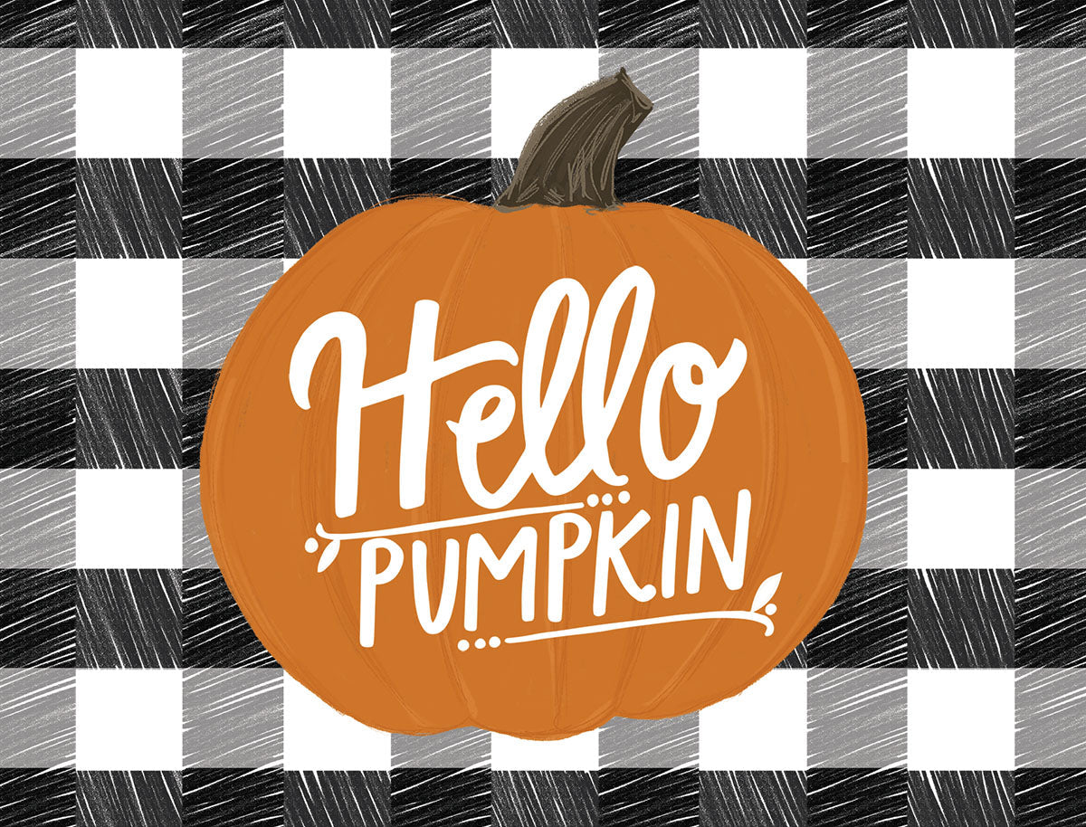 Greeting card featuring a charming orange pumpkin with 'Hello Pumpkin' in white script on a rustic black and white buffalo plaid background, perfect for fall celebrations.