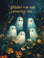 Cute Halloween greeting card front featuring five friendly cartoon ghosts floating amidst glowing flowers and pumpkins in a dark, magical forest scene. Perfect for a child's spooky season wishes.
