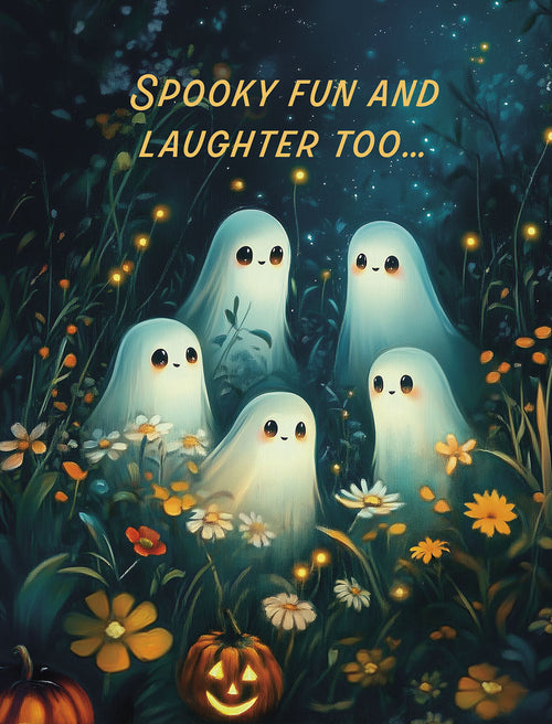 Cute Halloween greeting card front featuring five friendly cartoon ghosts floating amidst glowing flowers and pumpkins in a dark, magical forest scene. Perfect for a child's spooky season wishes.