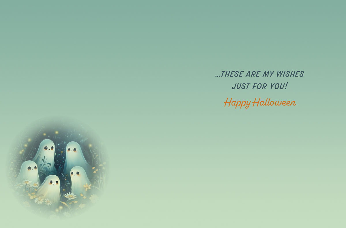 Inside of a cute Halloween greeting card with a minimalist design, showing a small vignette of the adorable ghost characters and flowers on the left. The right side features text that reads '...THESE ARE MY WISHES JUST FOR YOU! Happy Halloween.'