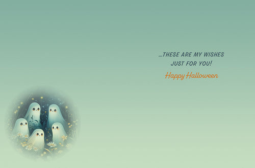 Inside of a cute Halloween greeting card with a minimalist design, showing a subtle ghost motif and the message '...THESE ARE MY WISHES JUST FOR YOU! Happy Halloween' on a soft blue-green background.