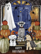 Three adorable dogs in funny costumes, including a dalmatian in a striped prisoner outfit, a golden retriever witch, and a fluffy white wizard dog, sit on a porch decorated with pumpkins, a friendly ghost, spiders, and cobwebs, with "HAPPY HALLOWEEN" text below. Watercolor illustration of a festive, cute spooky scene.