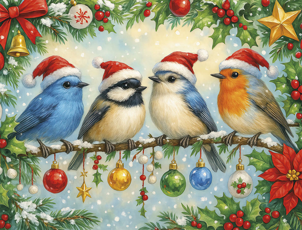 Adorable group of four colorful birds, including bluebirds and robins, wearing red Santa hats perching on a snow-dusted branch adorned with festive holly, red berries, and sparkling ornaments, perfect for holiday greetings.