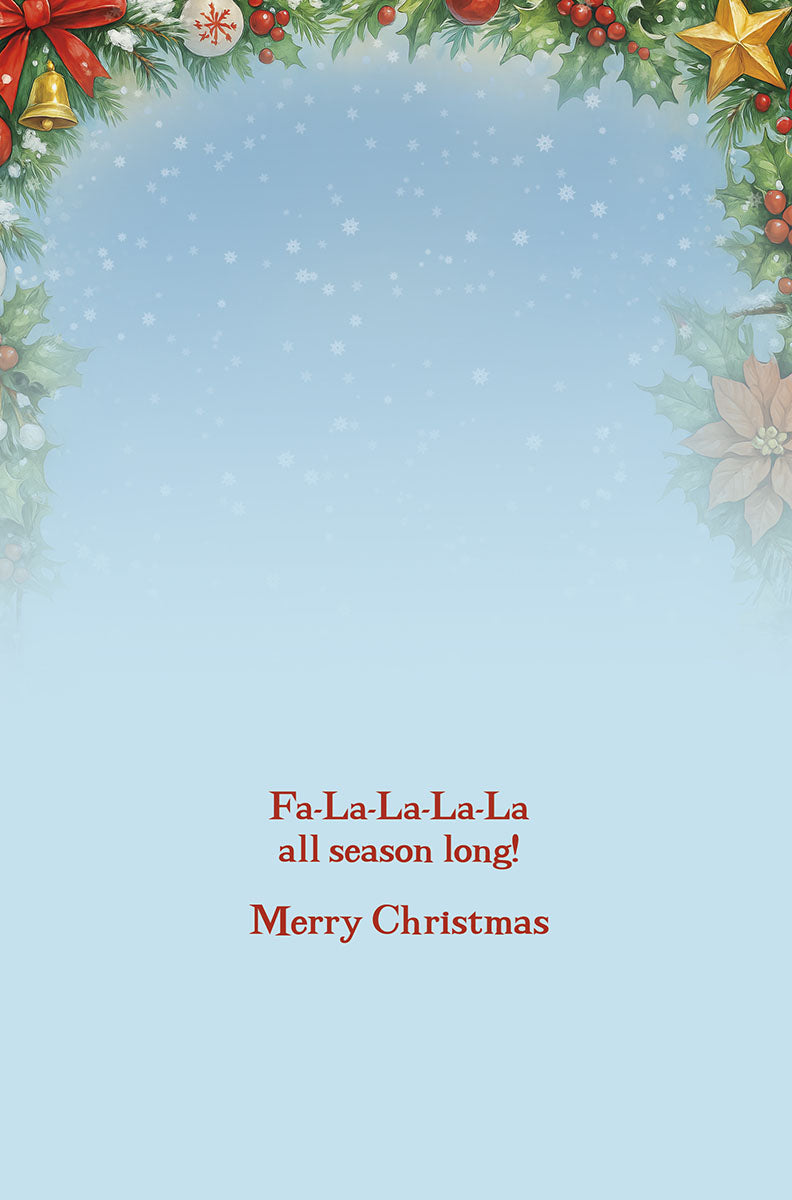 Inside view of a festive greeting card featuring a light blue background with snowflakes and the joyful holiday message 'Fa-La-La-La-La all season long! Merry Christmas' in elegant red font.