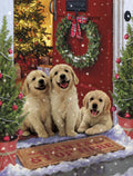 Three adorable golden retriever puppies sitting on a snowy front porch, in front of a festive red door with a Christmas wreath, flanked by two decorated miniature Christmas trees. In the background, a large illuminated Christmas tree is visible. A doormat says "Santa Stop Here".