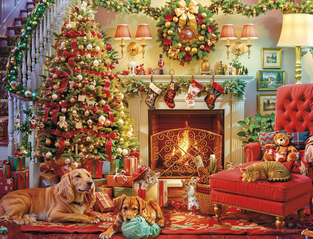 Festive holiday greeting card set featuring a cozy living room scene with a decorated evergreen tree, fireplace, two golden retrievers, and playful cats surrounded by wrapped presents, perfect for spreading seasonal cheer.