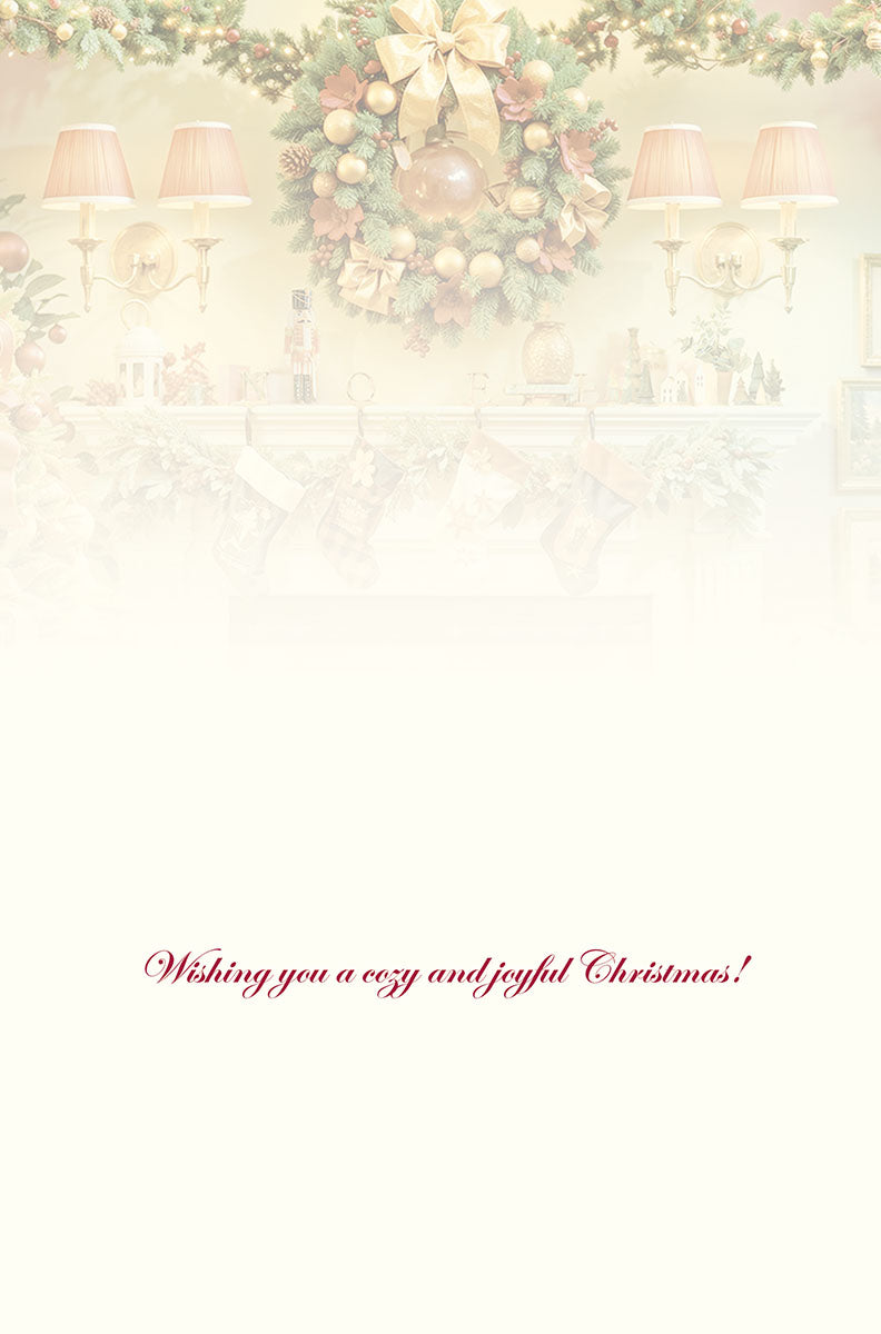 Inside view of a holiday greeting card from the festive set, featuring the elegant red script message 'Wishing you a cozy and joyful Christmas!' on a warm, inviting background, ready for personalized notes.