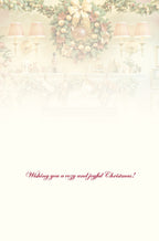 Inside view of a holiday greeting card from the festive set, featuring the elegant red script message 'Wishing you a cozy and joyful Christmas!' on a warm, inviting background, ready for personalized notes.