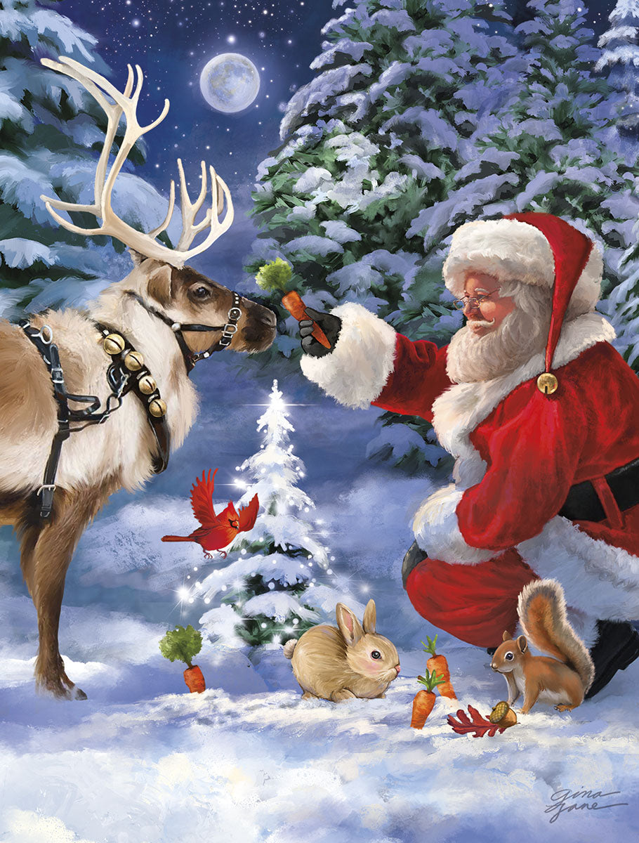 Santa Claus kneeling in a snowy forest, feeding a carrot to a reindeer with prominent antlers. A rabbit, squirrel, and cardinal bird are also present. A full moon shines above snow-covered pine trees in this charming winter night illustration, perfect for holiday greeting cards.