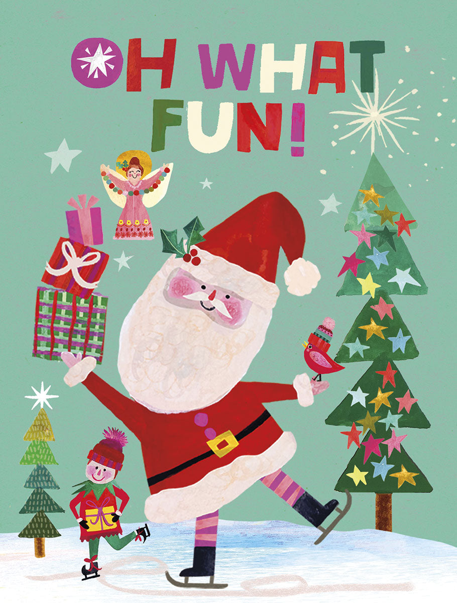 Vibrant festive greeting card featuring Santa Claus ice skating, an elf, stacked gifts, and whimsical trees, with 'OH WHAT FUN!' message.