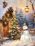 Winter wonderland greeting card front featuring a charming snowman, a snow-covered cabin with festive wreath, and a beautifully decorated pine tree under a warm lantern light, perfect for holiday greetings.