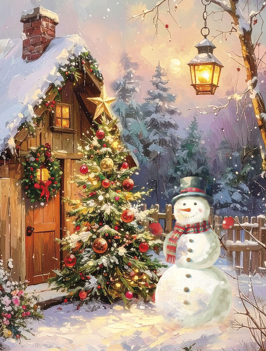 Winter wonderland greeting card front featuring a charming snowman, a snow-covered cabin with festive wreath, and a beautifully decorated pine tree under a warm lantern light, perfect for holiday greetings.