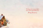 Inside of a lighthearted holiday greeting card with a 'Merry Christmas' message and a festive snowy cabin and snowman scene, ideal for sending seasonal cheer to loved ones.