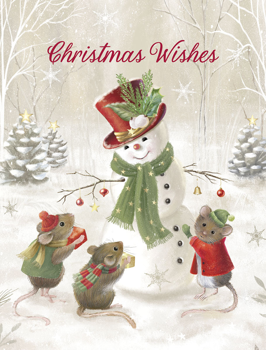 Adorable holiday greeting card featuring a friendly snowman in a top hat and three cute mice exchanging gifts in a snowy winter wonderland, surrounded by sparkling snowflakes and frosted trees.