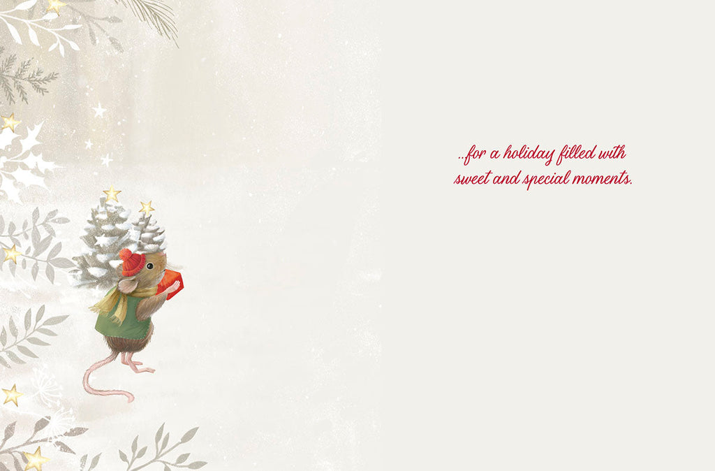 Inside of a charming holiday greeting card showing one cute mouse holding a gift against a subtle snowy background with festive text wishing sweet and special moments.