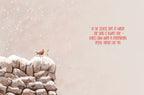 Inside of a heartfelt winter greeting card. A small robin with a mistletoe sprig sits on a snowy stone wall, against a light, serene background with falling snow. The message reads: "In the coldest days of winter one thing is always true – hearts grow warm in remembering special friends like you."