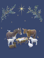 Traditional Nativity scene greeting card with baby Jesus in manger, donkey, cow, sheep, goose, and guiding star, perfect for holiday well wishes.