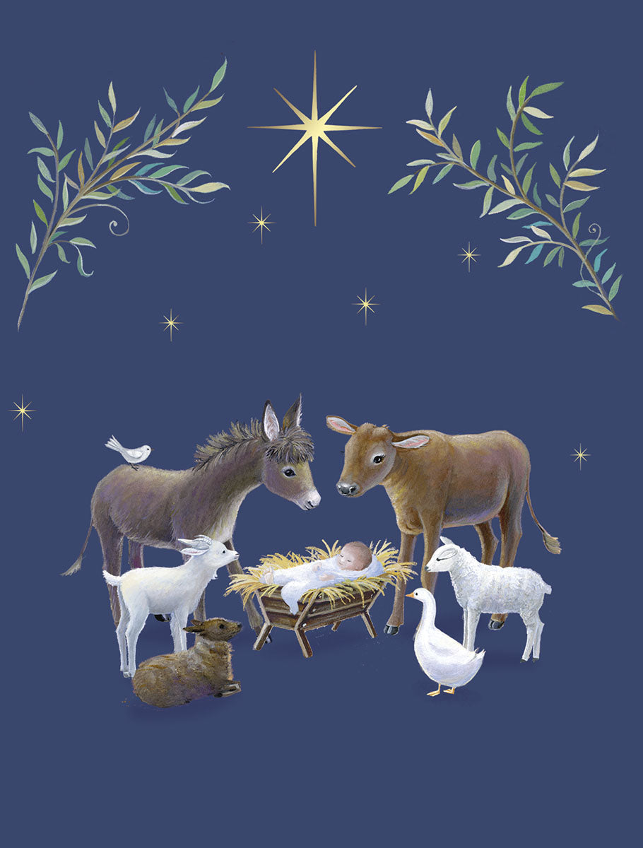 Traditional Nativity scene greeting card with baby Jesus in manger, donkey, cow, sheep, goose, and guiding star, perfect for holiday well wishes.