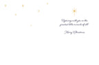 Inside view of a religious holiday greeting card featuring the message 'Rejoicing with you in the greatest little miracle of all! Merry Christmas' surrounded by golden stars.