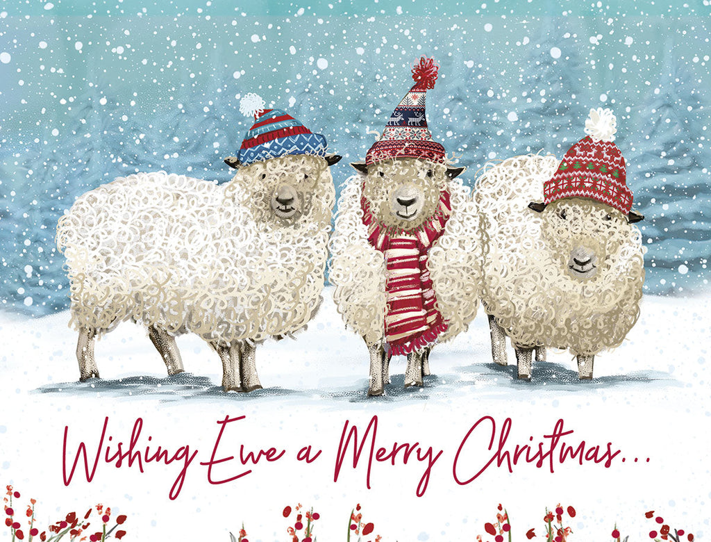 Front of a lighthearted greeting card set featuring three cartoon sheep in colorful knitted winter hats and scarves, standing in a snowy landscape. The card reads, 'Wishing Ewe a Merry Christmas...'