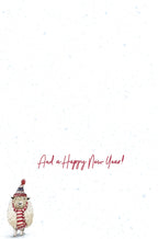 Inside of a greeting card with a simple white background and faint snow speckles. A small cartoon sheep in a winter hat and scarf is visible at the bottom left. The card text reads, 'And a Happy New Year!'
