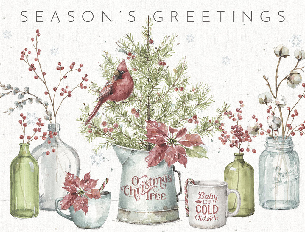 Watercolor greeting card set featuring a cardinal on an evergreen, winter berries, cotton branches, and rustic holiday decor, with 'Season's Greetings' text.