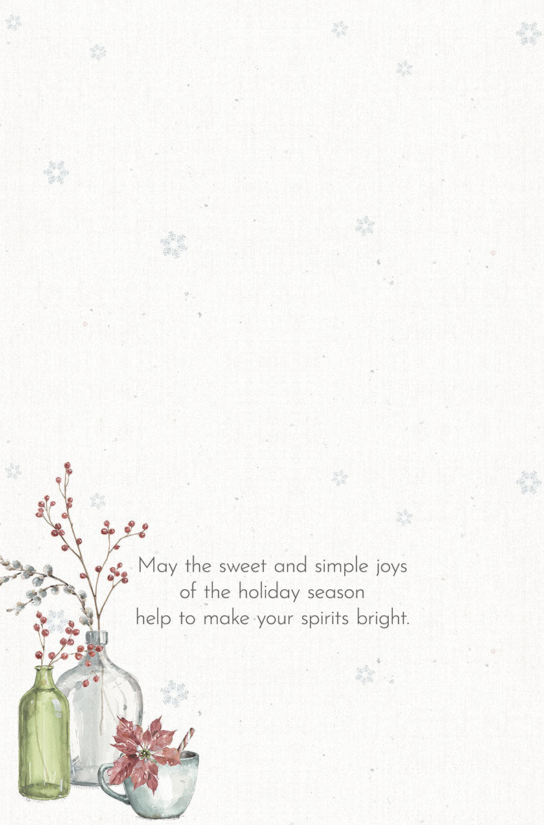 Inside of a watercolor holiday greeting card with a heartfelt message 'May the sweet and simple joys of the holiday season help to make your spirits bright.', subtle winter floral accents, and space for a personal note.