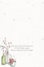 Inside of a watercolor holiday greeting card with a heartfelt message 'May the sweet and simple joys of the holiday season help to make your spirits bright.', subtle winter floral accents, and space for a personal note.