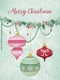 Elegant greeting card front featuring vibrant pink and green holiday ornaments, festive garland with bows, and a 'Merry Christmas' message on a serene blue-green background.