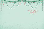 Inside of a holiday greeting card with a minimalist blue-green background, decorative winter garland border, and the playful message 'Time to get your sparkle on!' in red script.