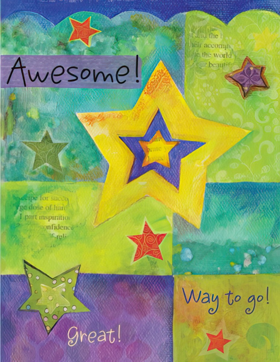 Vibrant greeting card front with 'Awesome!', 'Great!', 'Way to go!' text, colorful stars, and abstract artistic background.