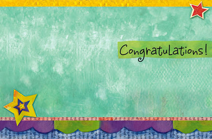 Inside of a congratulatory greeting card featuring 'Congratulations!' text, a small star, and a teal textured background.