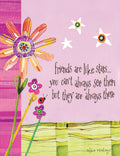 Colorful greeting card for a friend with a vibrant flower, cute ladybug, and whimsical stars, featuring the quote 'friends are like stars... you can't always see them but they are always there' on a pink background, designed by Robbin Rawlings.