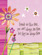 Colorful greeting card for a friend with a vibrant flower, cute ladybug, and whimsical stars, featuring the quote 'friends are like stars... you can't always see them but they are always there' on a pink background, designed by Robbin Rawlings.