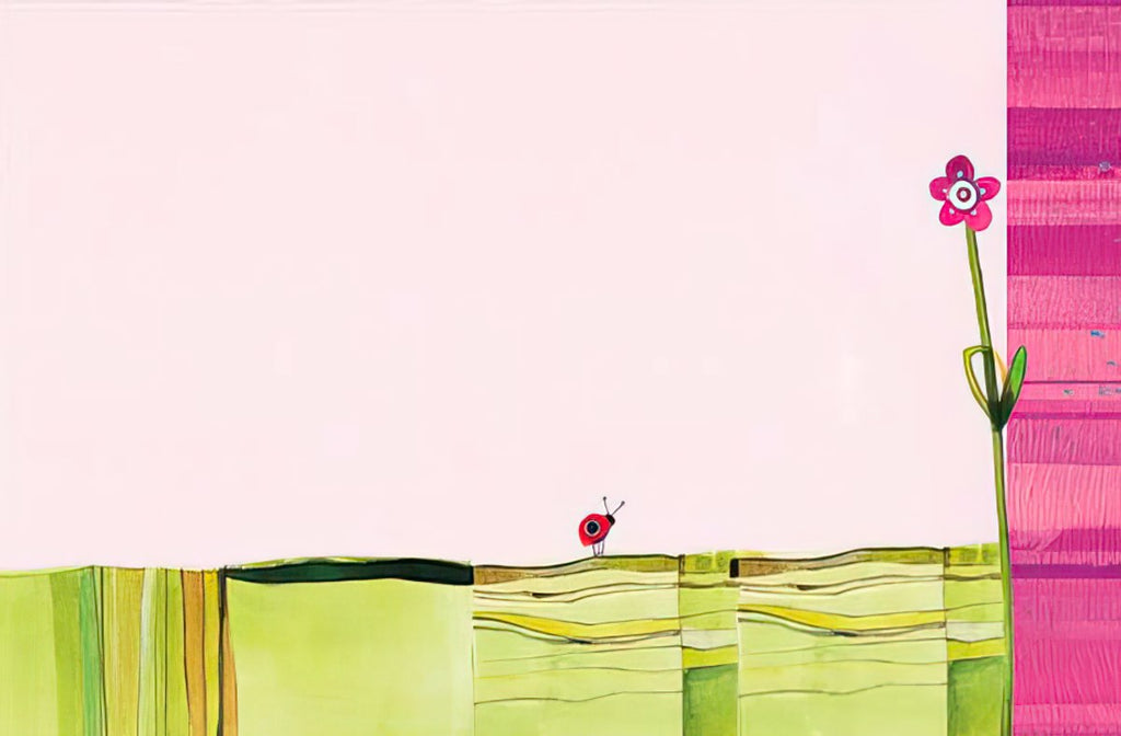 Close-up back view of a charming greeting card showing a tiny ladybug on a green landscape with a subtle pink striped border and a single pink flower detail, capturing the whimsical art style.