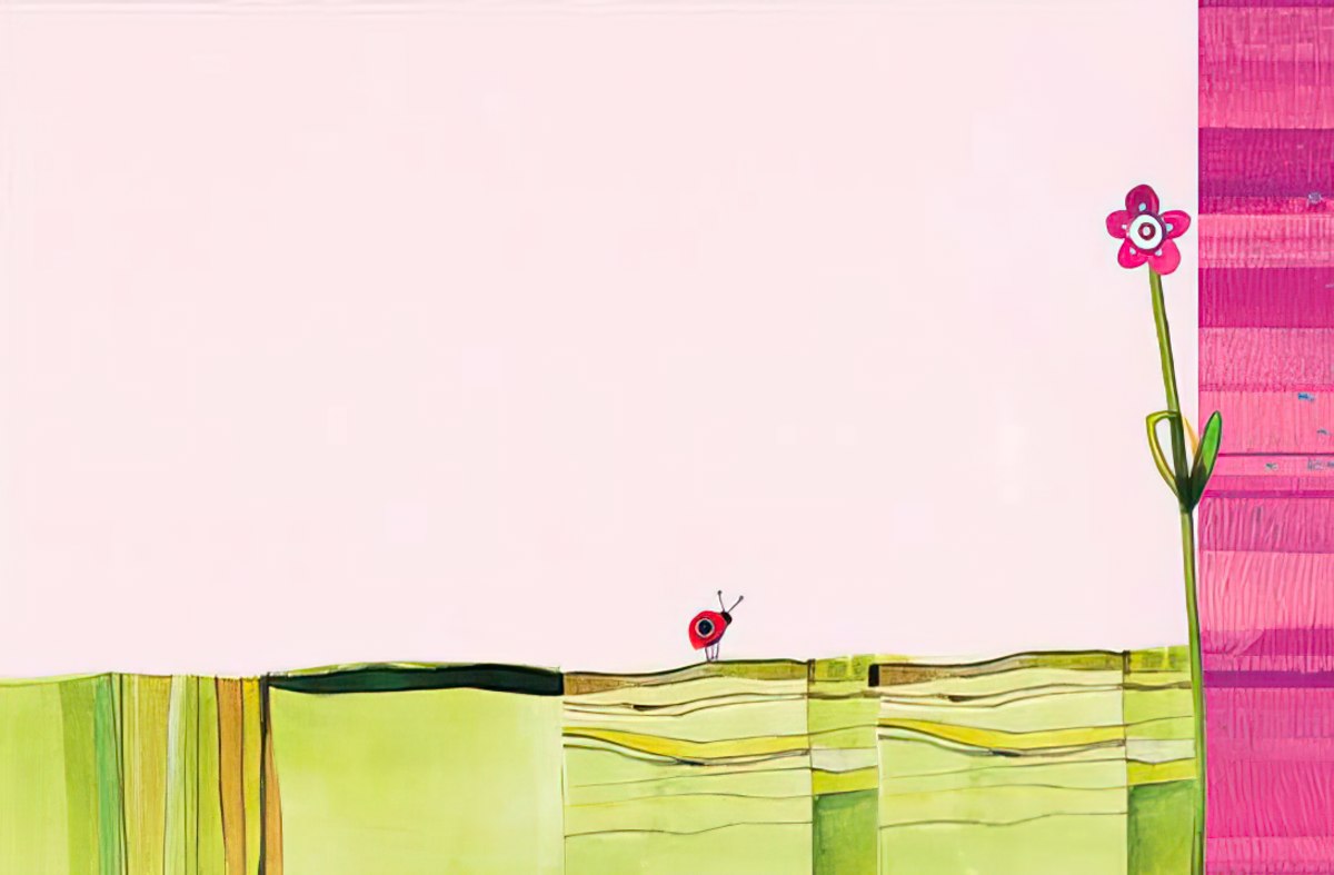 Close-up back view of a charming greeting card showing a tiny ladybug on a green landscape with a subtle pink striped border and a single pink flower detail, capturing the whimsical art style.