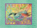 Vibrant greeting card front featuring an artistic bird illustration with teal, purple, and orange feathers, perched on a branch amidst ornate green and gold patterned background. Perfect for any message.